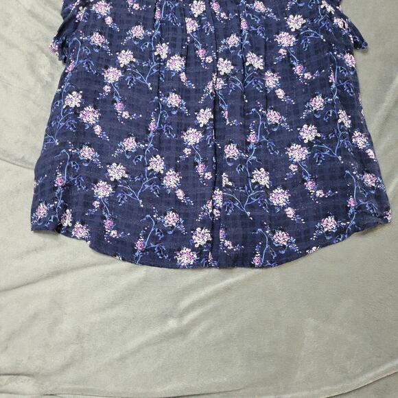 Roebuck & Co Shirt Women Large Blouse Blue Floral Sleeve Button Keyhole Back Top - Picture 10 of 12